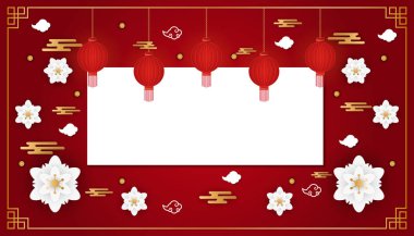 Kağıt kesiği çiçekler, doğu Çin çerçevesi ve bulutlu fenerler. Vektör İllüstrasyonu. Selamlar, kart, el ilanları, davetiyeler, posterler, broşürler, afişler, takvimler için arka plan.