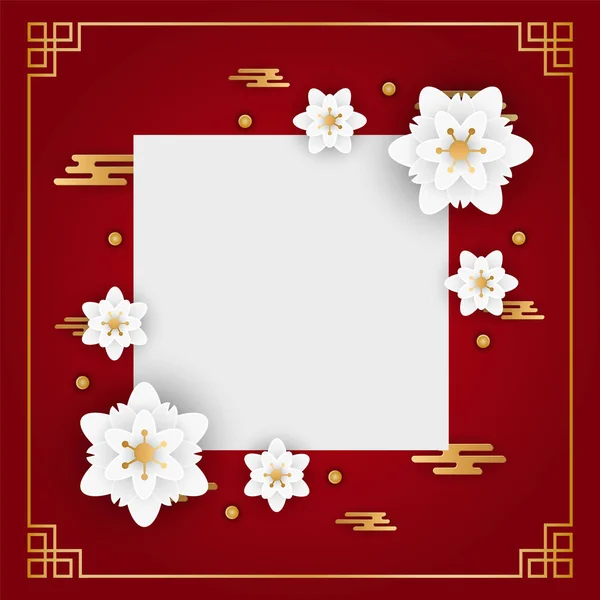 Papier cięte kwiaty z orientalnej chińskiej ramki na czerwonym tle z miejsca do kopiowania. Ilustracja wektora.Tło dla pozdrowień, kartka, ulotki, zaproszenie, plakaty, broszury, banery, kalendarz. — Wektor stockowy