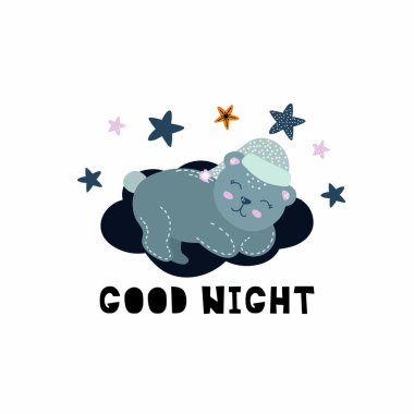 Şirin ayı bulutların üzerinde uyur, bebek odası tasarımı, vektör çizimi