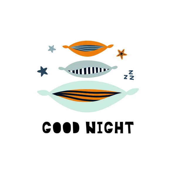 Bonne impression vectorielle de nuit pour la conception de pépinière, oreillers coupés et étoiles — Image vectorielle