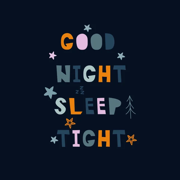 Buenas noches, dormir apretado mano dibujado frase en estilo escandinavo . — Vector de stock