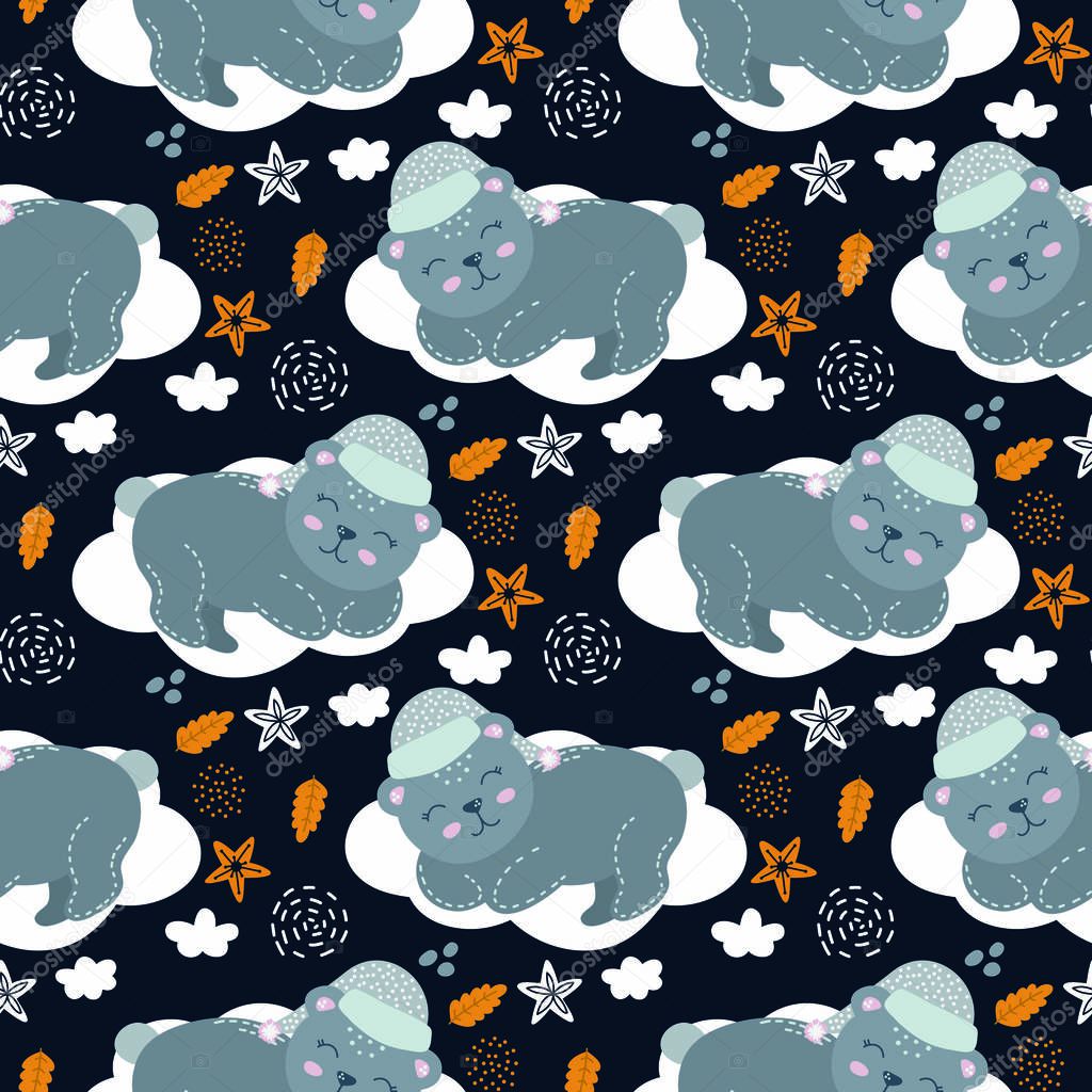 Bear sleeping on the cloud. Nursery pattern, animal theme