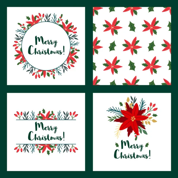 Вітальні листівки на різдвяний великий набір, зимовий квітковий вінок і рамка — стоковий вектор