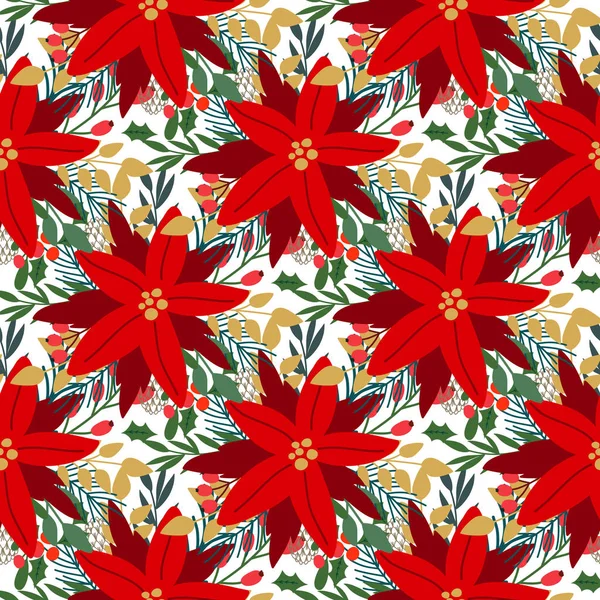 Poinsettias bezešvé vzor, textura výplně, zimní květinové pozadí — Stockový vektor