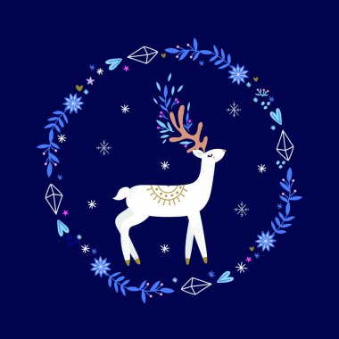 Çiçek elementleri, yıldızlar ve kar taneleriyle geyik vektör izi.