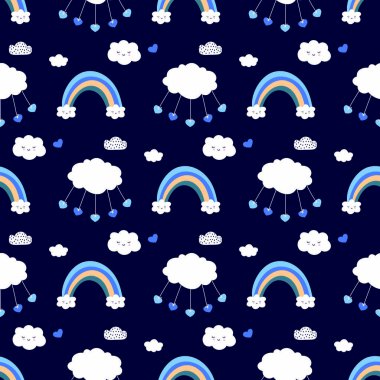 Gökkuşakları ve bulutlar pürüzsüz desen, çocuk odası arka planı.
