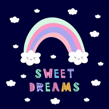 Tatlı rüyalar el çizimi ifade, tatlı bulutlu gökkuşağı, vektör