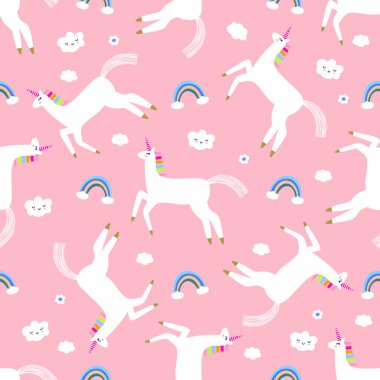 Tek boynuzlu atlar ve gökkuşakları pürüzsüz desen, çocuk odası arka planı.