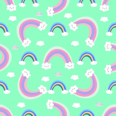 Gökkuşakları ve bulutlar pürüzsüz desen, çocuk odası arka planı.
