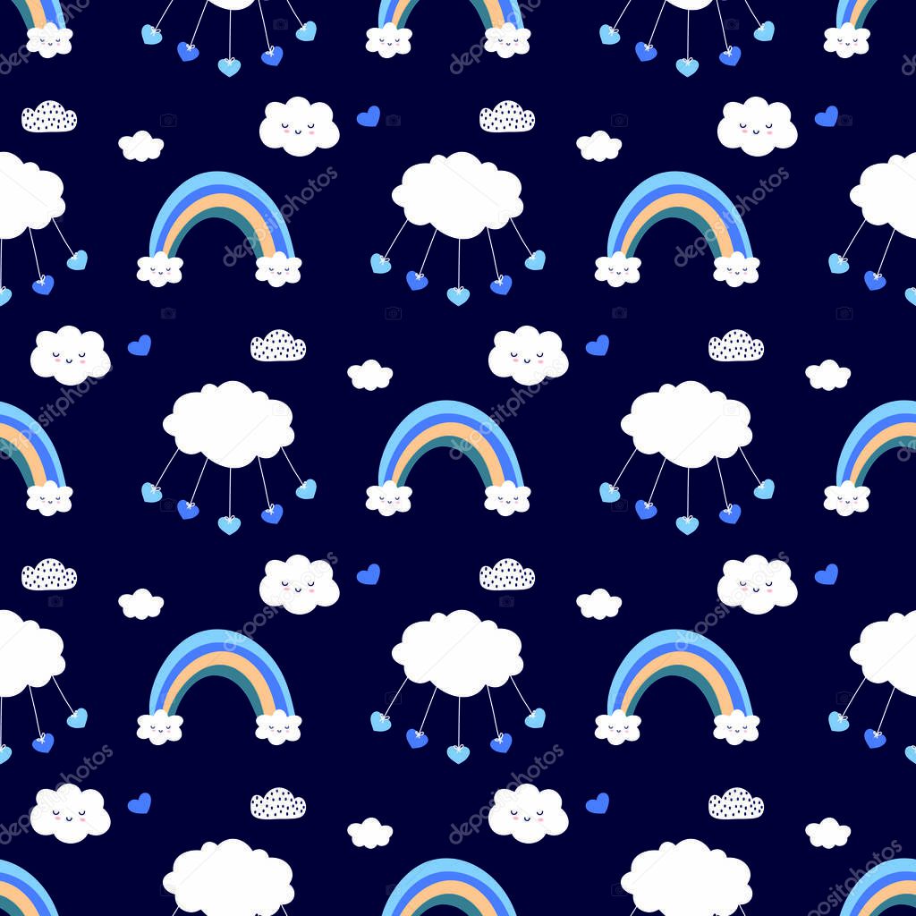 Rainbows  and clouds seamless pattern, nursery background.