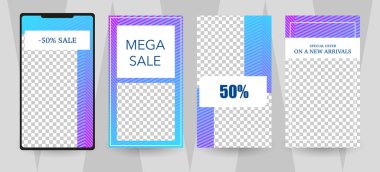 Ticari hikayeler tasarım, EPS 10. Promosyon için düzenlenebilir hikaye kapak tasarımı. Geometrik unsurlar, popüler renkler.