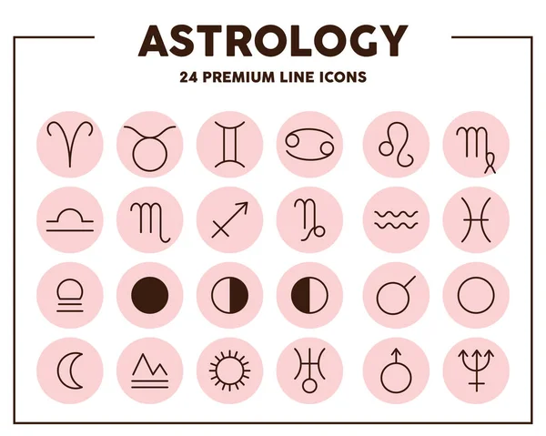 Η αστρολογία υπογράφει λεπτές γραμμές εικόνων. Ζωδιακά και πλανητικά σημάδια. Στοιχεία συμβόλων διανυσματικής απεικόνισης για σχεδιασμό ιστοσελίδων. — Διανυσματικό Αρχείο