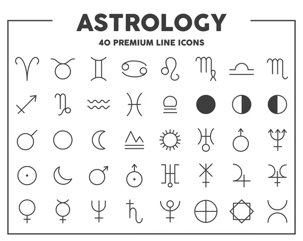 Astrologia wskazuje cienką linię ikon. Znaki zodiaku i planety. Elementy symbolu ilustracji wektorowej do projektowania stron internetowych. — Wektor stockowy