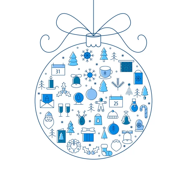 Kerst- en nieuwjaarskaart. Blauwe pallet. Dunne lijnelementen, vectorillustratie. — Stockvector