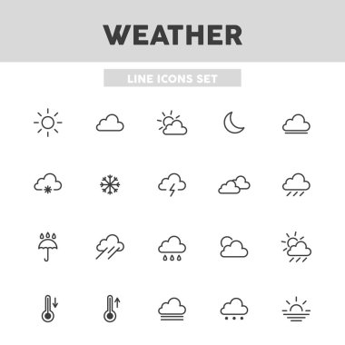 Hava durumu, hava tahmini basit bir çizgi simgesi. Bulutlar, güneş, sis, yağmur vs. Web tasarımı için vektör illüstrasyon unsurları.