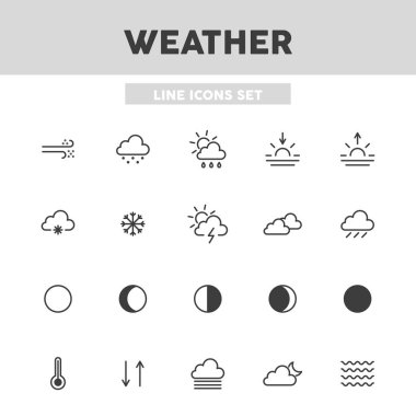 Hava durumu, hava tahmini basit bir çizgi simgesi. Bulutlar, güneş, sis, yağmur vs. Web tasarımı için vektör illüstrasyon unsurları.