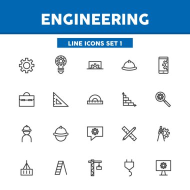 Mühendislik basit çizgi simgelerini ayarlıyor. İnşaat ve imalat kavramı. Web tasarımı ve uygulamaları için vektör illüstrasyon sembolleri