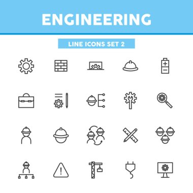 Mühendislik basit çizgi simgelerini ayarlıyor. İnşaat ve imalat kavramı. Web tasarımı ve uygulamaları için vektör illüstrasyon sembolleri