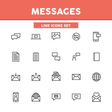 Mesajlar basit çizgi simgelerini ayarlar. Bildirimler, e-postalar, e-postalar, internet üzerinden iletişim. Web tasarımı ve uygulamaları için vektör illüstrasyon sembolleri