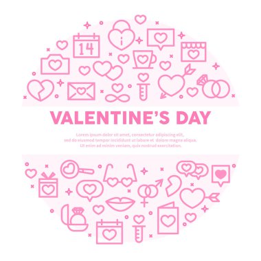 Sevgililer Günü vektör geçmişi. Çizgi simgeleri daire şeklinde dizilmiş. Ağ için bayrak, aşk kavramı. 