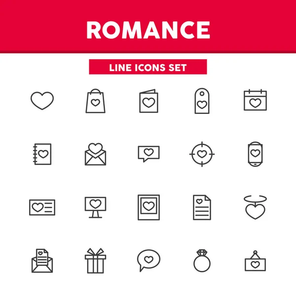 Romance simple définir des icônes de ligne mince. Cartes de voeux, cœurs, fleurs, anneaux, etc. Illustration vectorielle éléments de symbole pour la conception web et app — Image vectorielle