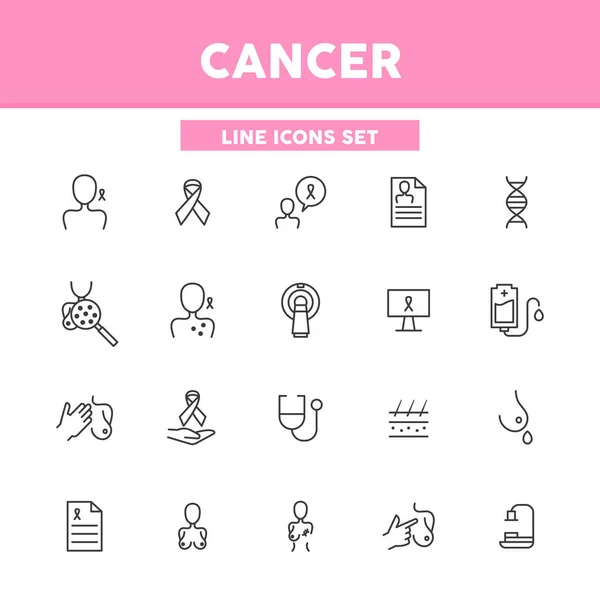 Cancer simple définir des icônes de ligne. Cancer du sein, mélanome, chimiothérapie. Illustration vectorielle éléments de symbole pour la conception web — Image vectorielle