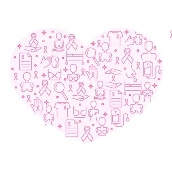 Cancer du sein fond vecteur. Icônes de ligne disposées en coeur . — Image vectorielle