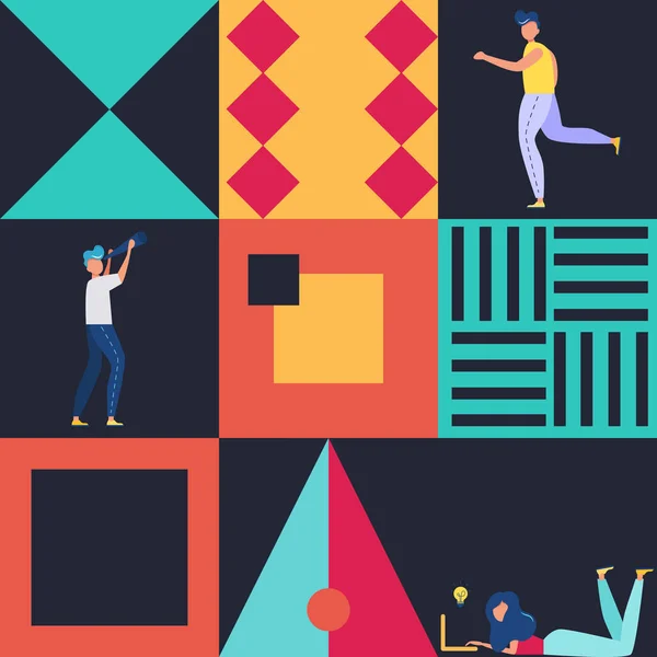 レトロなスイスのグラフィックモダニズム 人と幾何学的な形状のポスター ベクターイラスト — ストックベクタ