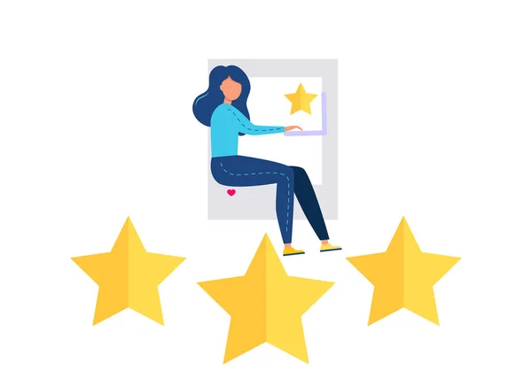 Girl leaves feedback, comment, five star rate, highest rate.  Good work. Vector Illustration — Stok Vektör