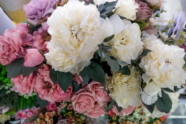 Composição Flores Artificiais Loja Floral Tema Floral Fazendo Buquês — Fotografia de Stock