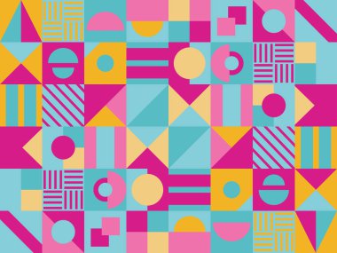 Retro İsviçre grafik modernizmi, geometrik şekilli arka plan. Vektör illüstrasyonu 
