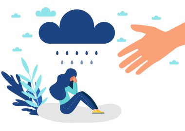 Depresyondaki kadın, akıl sağlığı, depresyon konsepti, vektör illüstrasyonu.