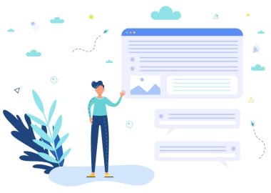 İniş sayfası keşfi, vektör illüstrasyonu. Çalışan insanlar. Web sayfası başlığı için düzenleme.