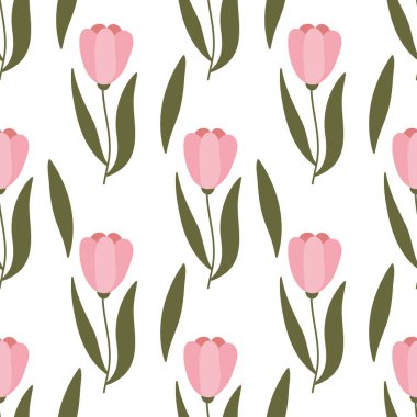 Laleler elle çizilmiş kusursuz desen. Bahar, taze çiçek çizimi. Arkaplanda laleler. Botanik ambalaj kağıdı, tekstil, vektör illüstrasyonu