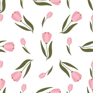Laleler elle çizilmiş kusursuz desen. Bahar, taze çiçek çizimi. Arkaplanda laleler. Botanik ambalaj kağıdı, tekstil, vektör illüstrasyonu