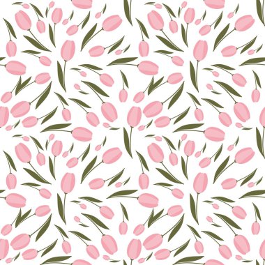 Laleler elle çizilmiş kusursuz desen. Bahar, taze çiçek çizimi. Arkaplanda laleler. Botanik ambalaj kağıdı, tekstil, vektör illüstrasyonu