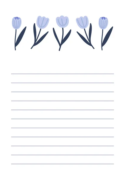 Pagina Voor Notitieboek Met Tulpen Bloemen Afdrukbare Pagina Template Ontwerp — Stockvector