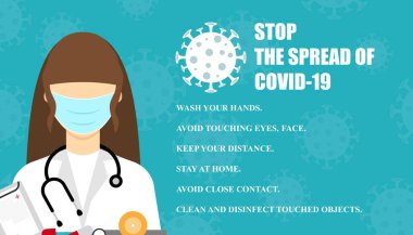 Covid-19 'un yayılmasını durdurun. Corona virüs posteri. Maske takan bir doktor. Pandemik tıbbi konsept.
