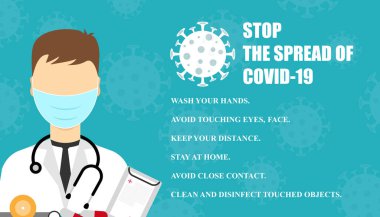Covid-19 'un yayılmasını durdurun. Corona virüs posteri. Maske takan bir doktor. Pandemik tıbbi konsept.