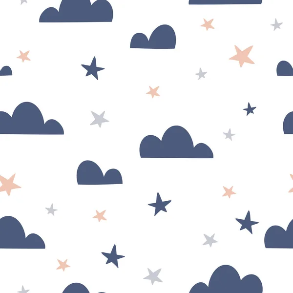 Stars Clouds Hand Drawn Seamless Pattern Cute Childish Drawing Baby — Stock Vector