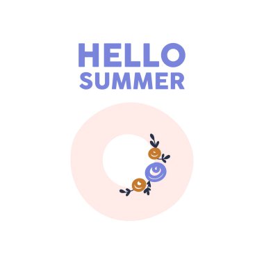 Merhaba Summer vektör baskısı, el çizimi şapka ve çiçekler. Tişört, çocuk kitabı, defter vs. için yazdır