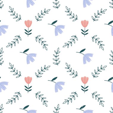 Çiçekler elle çizilmiş kusursuz vektör dolgusu. Sevimli çocuksu çizimler. Bebek ambalaj kağıdı, tekstil, vektör illüstrasyonu