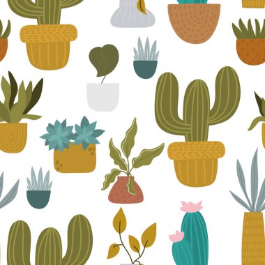 Ev bitkilerinde, kaktüslerde, sulu sularda kusursuz çocuksu desenler. Kumaş, ambalaj kağıdı, tekstil, duvar kağıdı için el yapımı kumaş. Vektör illüstrasyonu