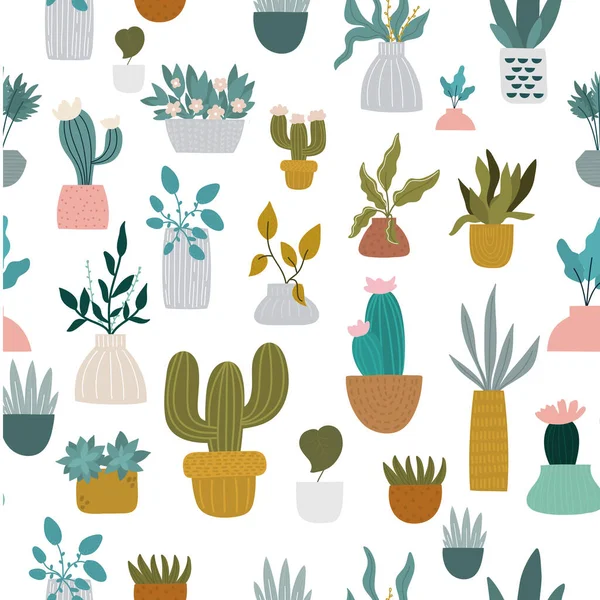 Sömlös Barnslig Mönster Med Hem Växter Kaktusar Suckulenter Handritad Textur — Stock vektor