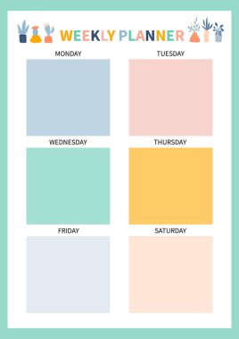 Günlük, organizatör ve defter için haftalık planlamacı. Yazdırılabilir A4 planlayıcısı. Vektör İllüstrasyonu.