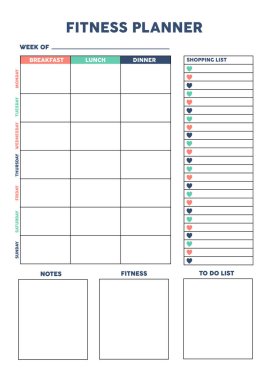 Spor salonu, antrenman, günlük için fitness planlayıcısı, organizatör, kalpli defter. Yazdırılabilir A4 planlayıcısı. Vektör İllüstrasyonu. 