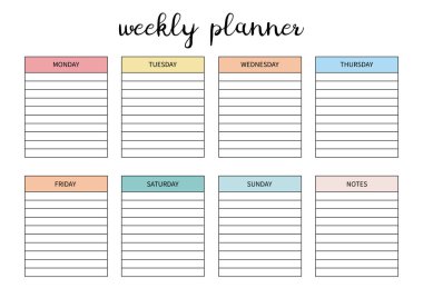Günlük, organizatör ve defter için haftalık planlamacı. Yazdırılabilir A4 planlayıcısı. Vektör İllüstrasyonu. 