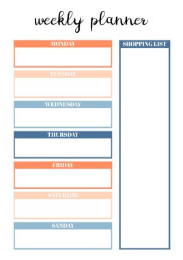 Günlük, organizatör ve defter için haftalık planlamacı. Yazdırılabilir A4 planlayıcısı. Vektör İllüstrasyonu. 