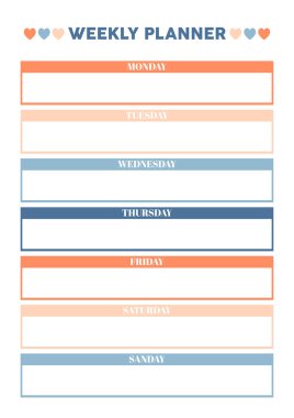 Günlük, organizatör ve defter için haftalık planlamacı. Yazdırılabilir A4 planlayıcısı. Vektör İllüstrasyonu. 
