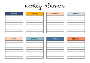 Günlük, organizatör ve defter için haftalık planlamacı. Yazdırılabilir A4 planlayıcısı. Vektör İllüstrasyonu. 